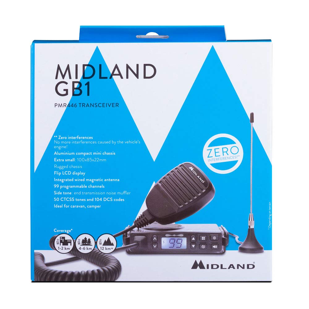 Midland - Radio Ricetrasmittente Veicolare GB1-R, 99 Canali PMR446 (8+91 Programmabili CTCSS), Compatibile con Walkie Talkie PMR - Antenna Magnetica, Alimentazione 12V, Microfono e Supporto Inclusi