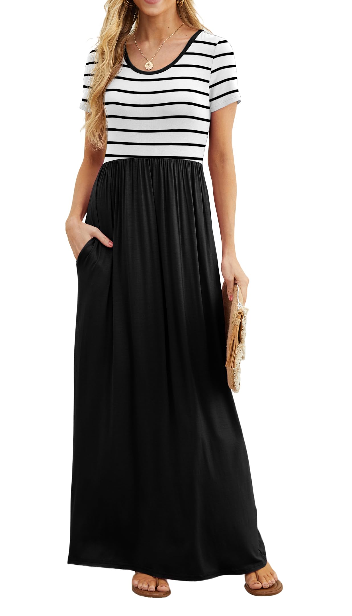 GRECERELLE Women Summer Casual Maxi Long Dress Short Sleeve Crew Neck with Pockets, Size S-3XL