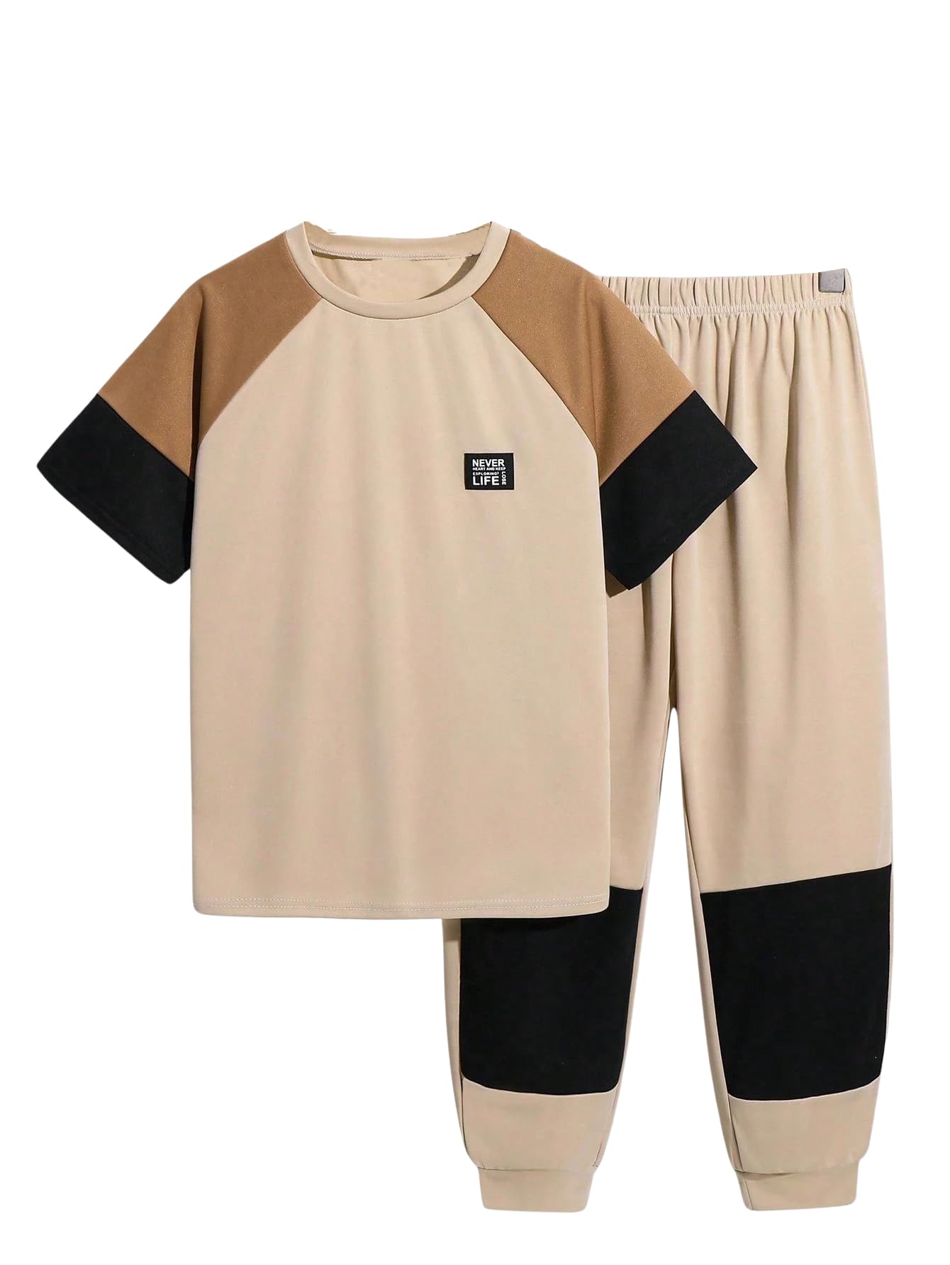 Axumity 6-12 Years Kid Boys Clothes Outfits Casual Crew Neck Colorblock Short Sleeve Top Fall Pants Set