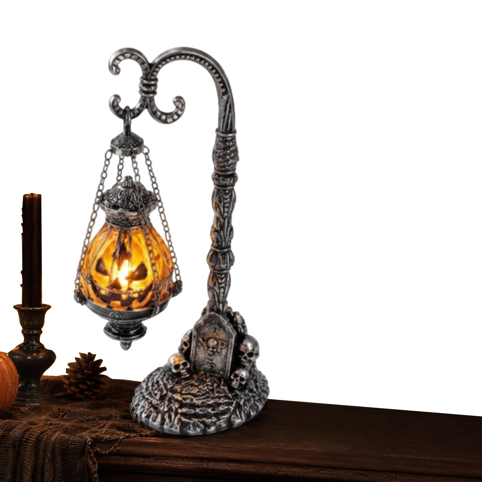 Gothic Pumpkin Lantern Stand Halloween Skull Carved Decor