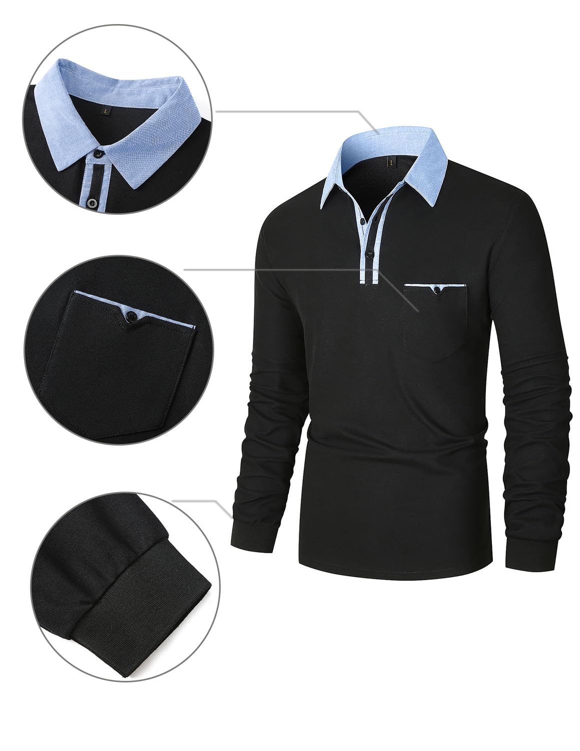 VMSUCIJ Polo Uomo Manica Lunga Cotone con Colletto Bottoni Sportive Base Polo Golf