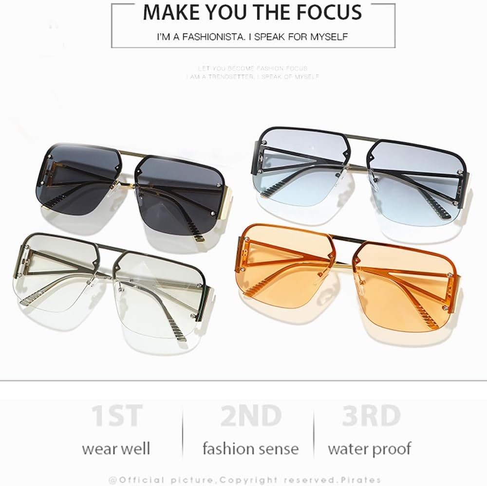 Retro Trendy Aviator Sunglasses Mens Womens Large Square Metal Rimless Frame Shades BS9000 - Image 6