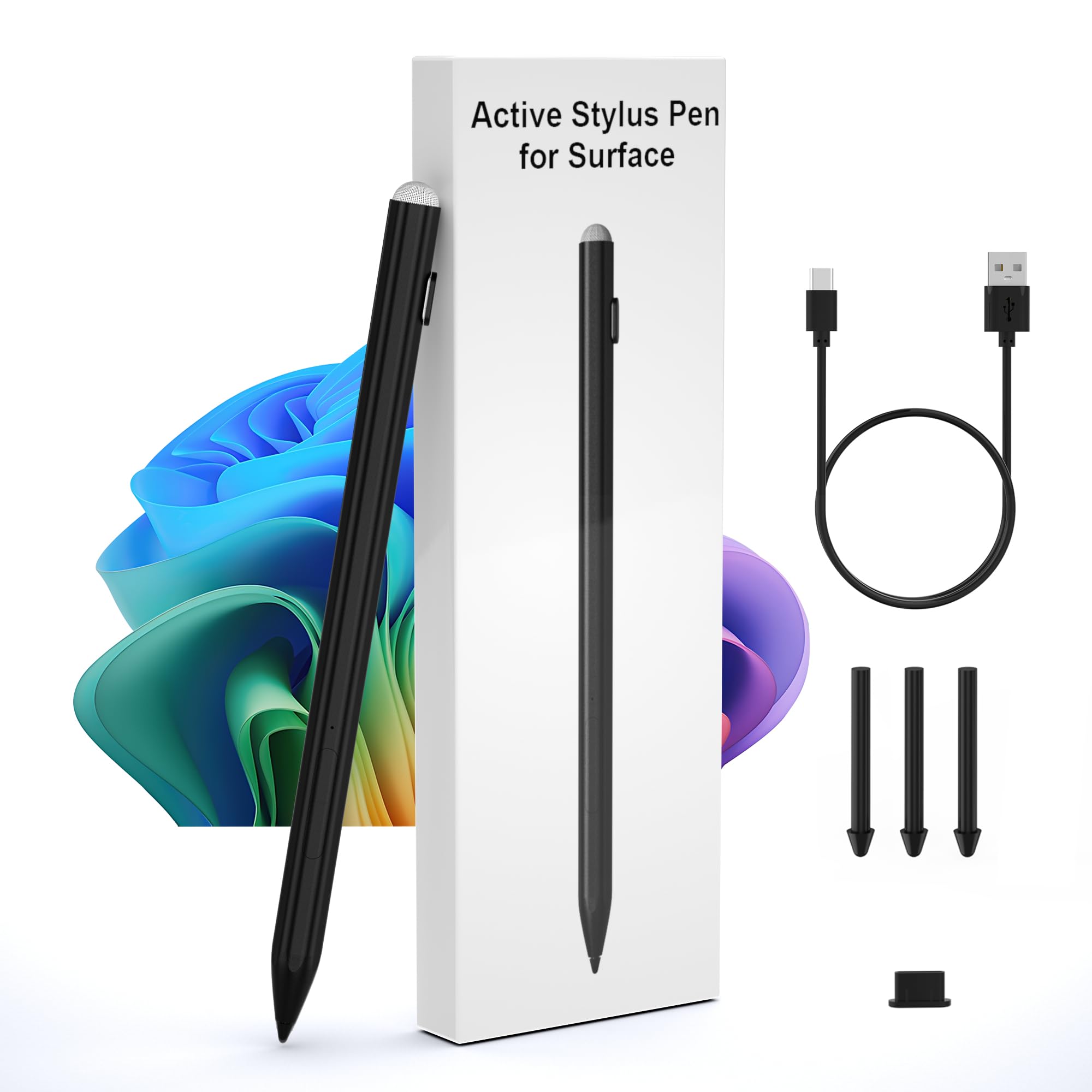 Surface ペンSurface用タッチペンWindows 11AI+PC 4096筆圧感知/磁気吸着機能/超高感度 パームリジェクション機能/軽量 耐摩/右クリック/消しゴム/自動オフ/Type-C高速充電タッチペン Surface Pro 12/11/10/9/X/8/7/6/5/4/3, Surface Book/Go/Duo/Studioなどに対応サーフェス ペン 六角形ペン本体 黒