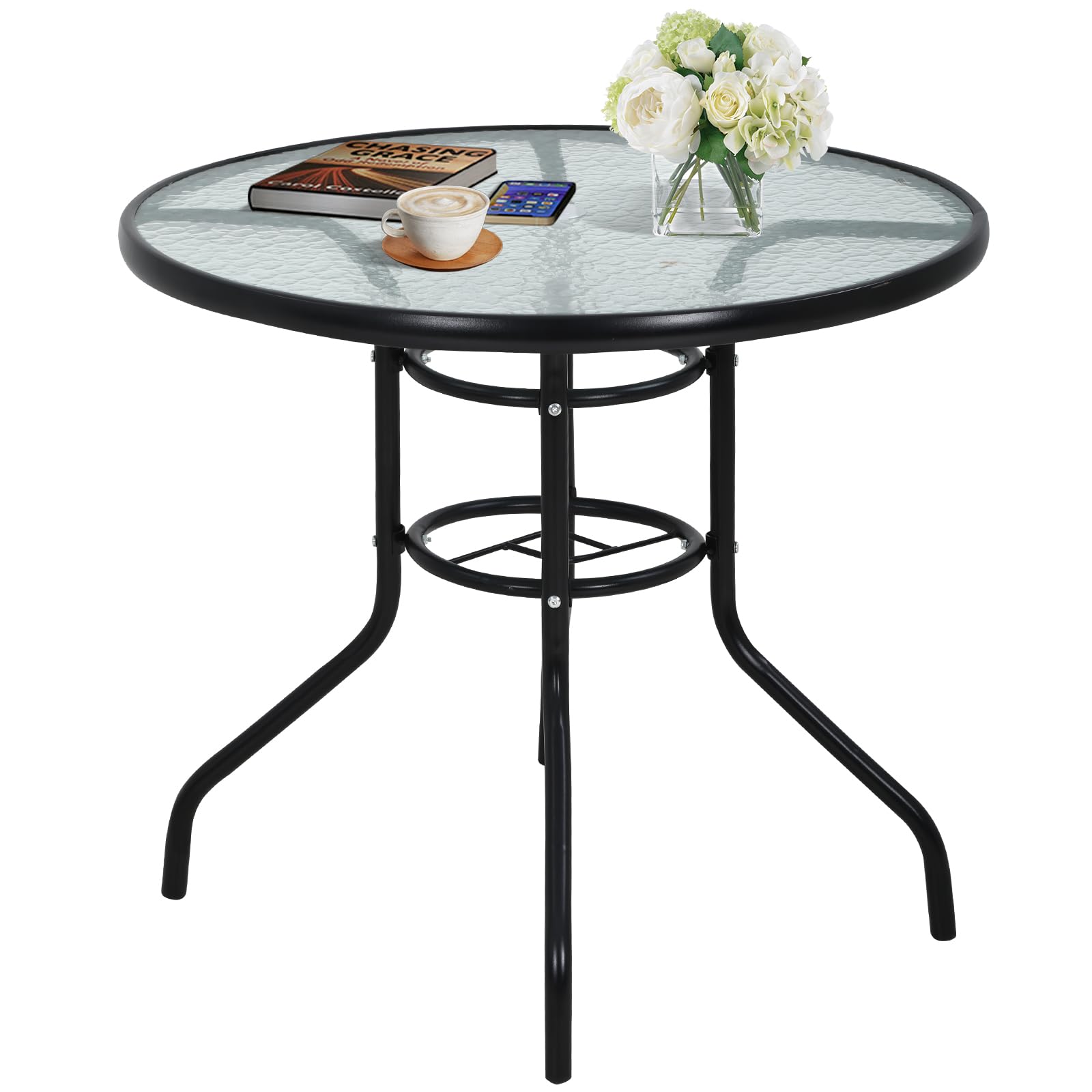 Dlewmsyic 32" Round Outdoor Dining Table - Tempered Glass Top with Umbrella Hole, Weather-Resistant Metal Patio Table for Backyard, Poolside, Balcony,