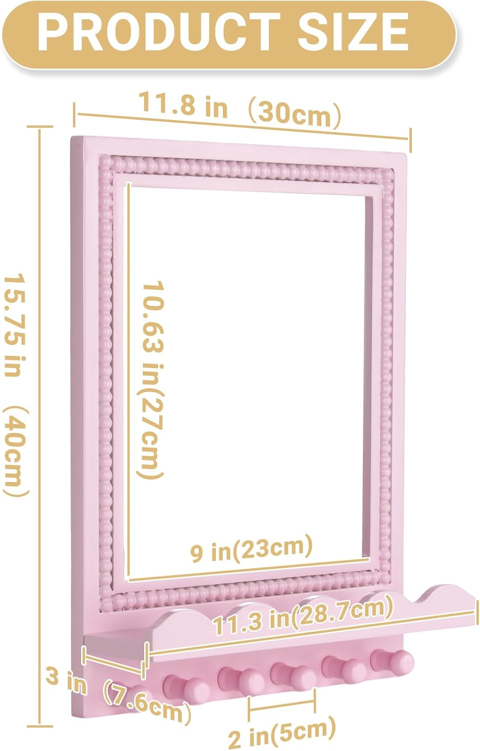 Tirzah 16x12 Inch Wall Mount Beaded Wood Framed Mirror with Shelf and 6 Hooks, Pink Decorative Entryway Mirror with Storage for Laundry Room, Bathroom, Bedroom