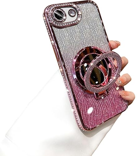 LUNBER-ARMOR・iPhone互換品16e ケース カメラ保護あり カバー ラインストーン メッキ TPU ソフトケース ミラー付き 分離型スマホリング付き スタンド機能 きらきら かわいい 可愛い お洒落 グリッター エレガント アイフォン 16