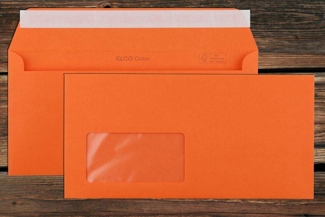 Elco Color Briefumschläge mit Fenster (lasertauglich) / orange / 114 x 229 mm (DL) / mit Abziehstreifen/haftklebend / 250 Stück