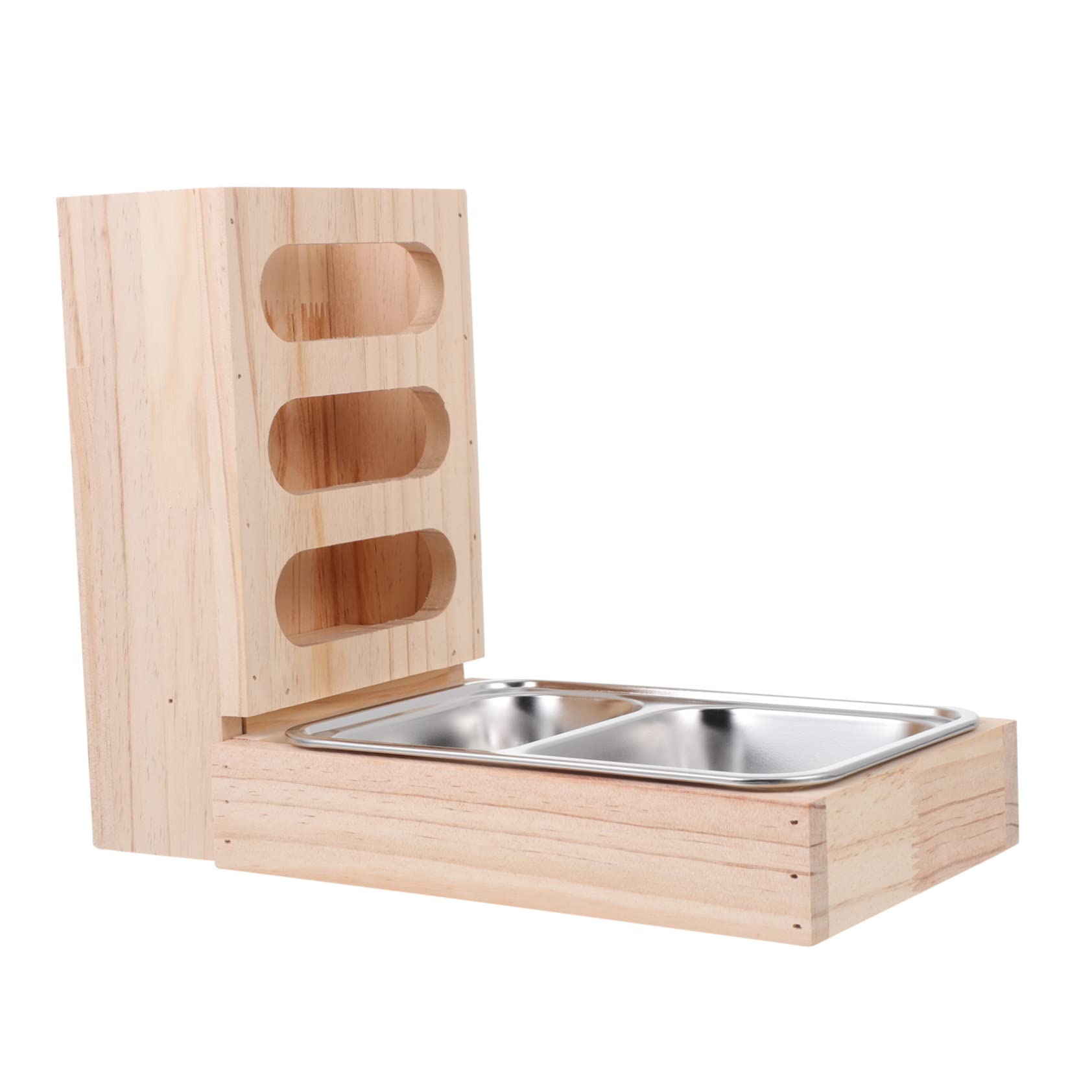 WOONEKY Comedero para Conejos Porta Heno, Madera y Acero Inoxidable, Base Plana para Jaula de Mascotas, No se Vuelca