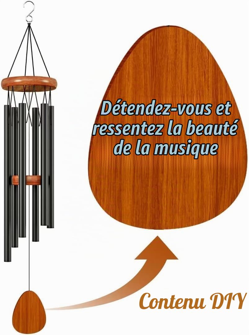 Carillon à vent en aluminium de 65 cm - 6 tubes en métal - Carillon sonore pour extérieur, jardin, terrasse - Décoration avec attrape-vent - Noir classique