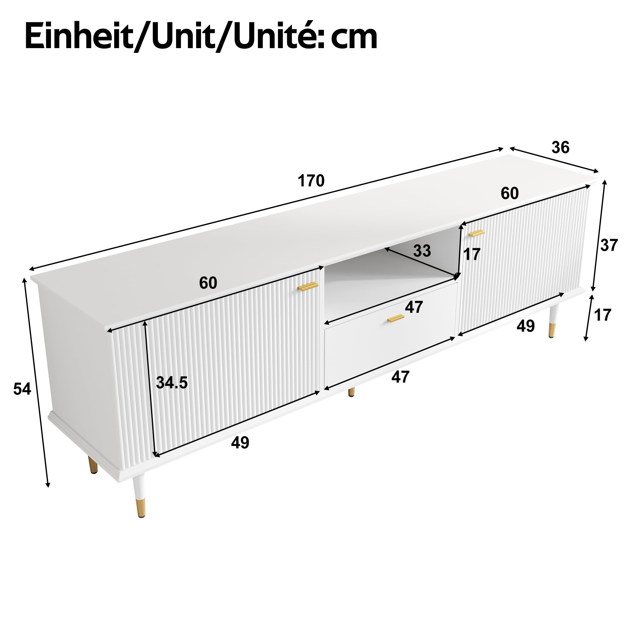 TV-Lowboard mit Soft-Close & Golddetails, 2 Türen, Schublade, Weiß