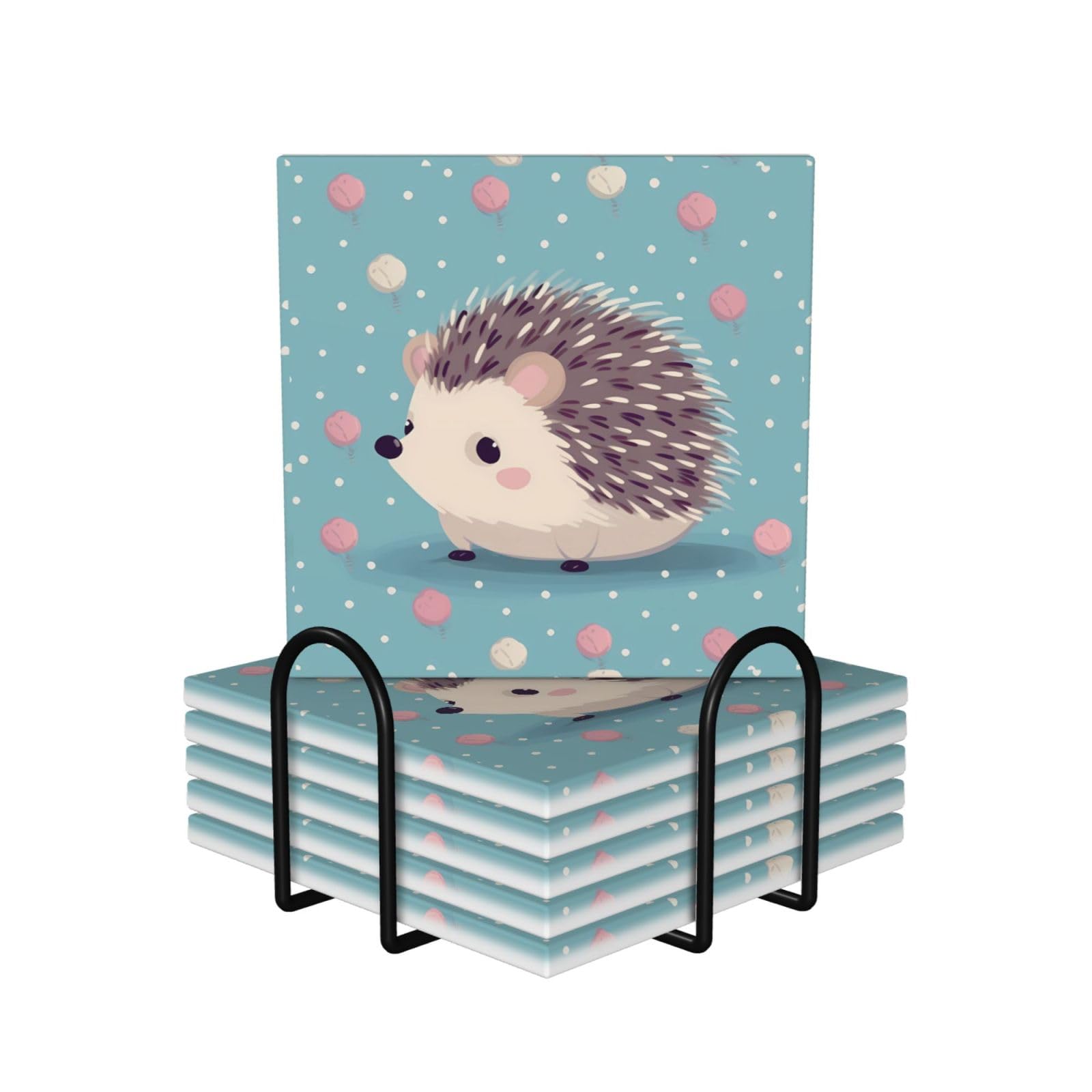 6Pcs Ceramics Coaster for Drinks, Hedgehog Polkadot Cup Coasters with Holder, Aesthetic Drink Coasters for Coffee Table, Absorbent Round Coaster for Tabletop Protection 4" Cup Mat Pad