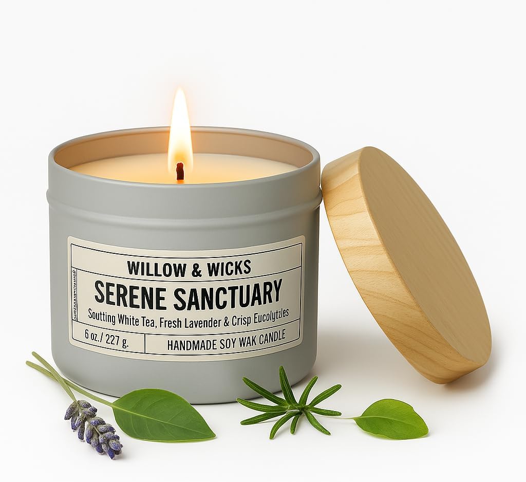 Serene Sanctuary Soy Candle – 8oz Handmade | White Tea, Lavender & Eucalyptus | Clean-Burning & Non-Toxic | White Tin | Spa Candle for Relaxation & Gifting