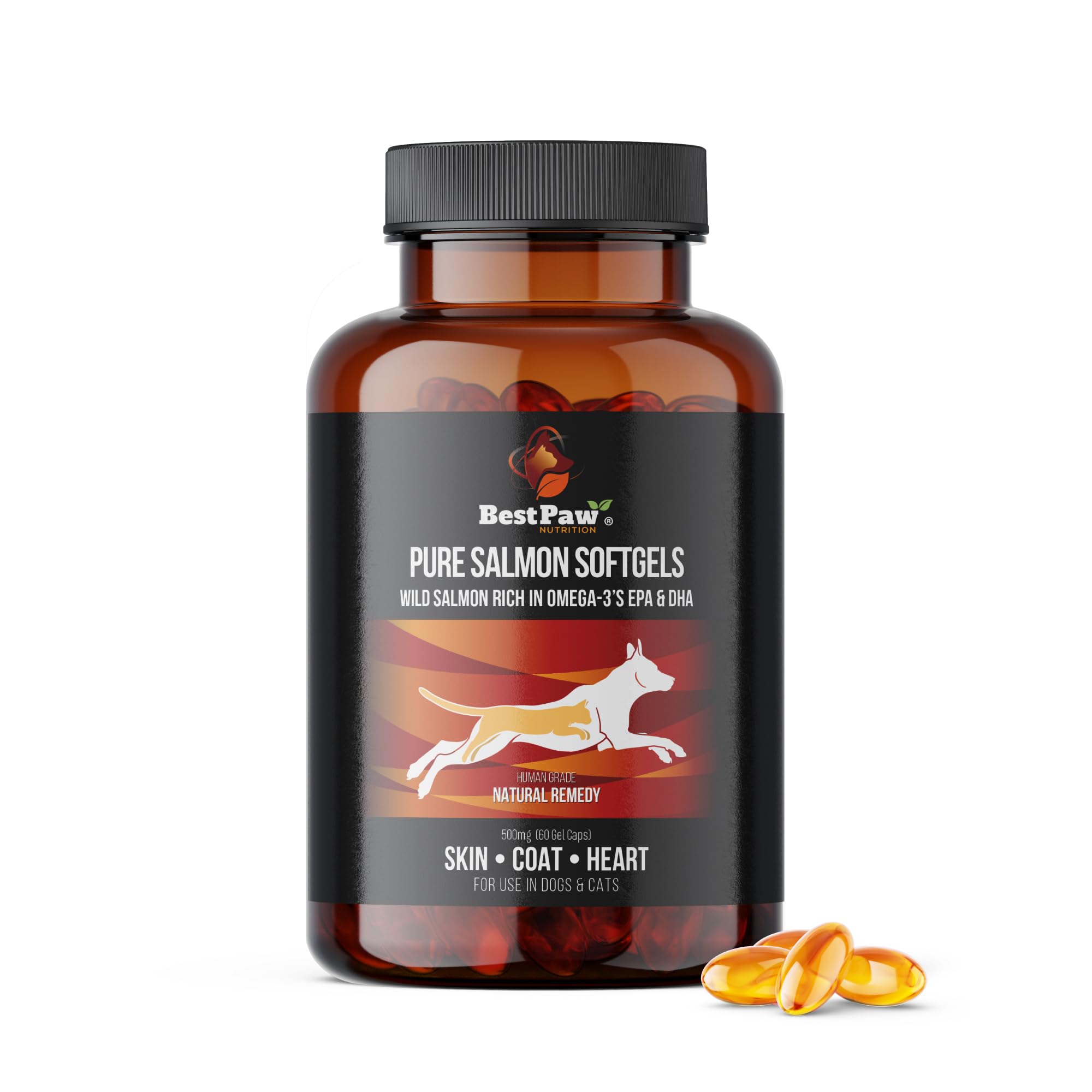 Best Paw Nutrition - Pure Salmon Soft Gels for Dogs & Cats - Omega 3 Capsules Supplement - Skin & Coat, Eyes, Heart Health - Joint Support Vitamins Pets Love - 500mg