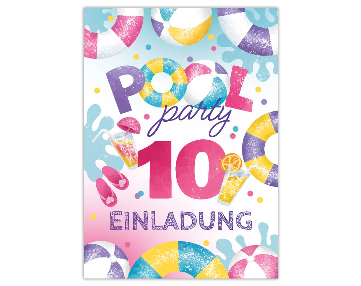 12 Biglietti Invito 10° Compleanno Con Buste - Tema Piscina, Formato A6