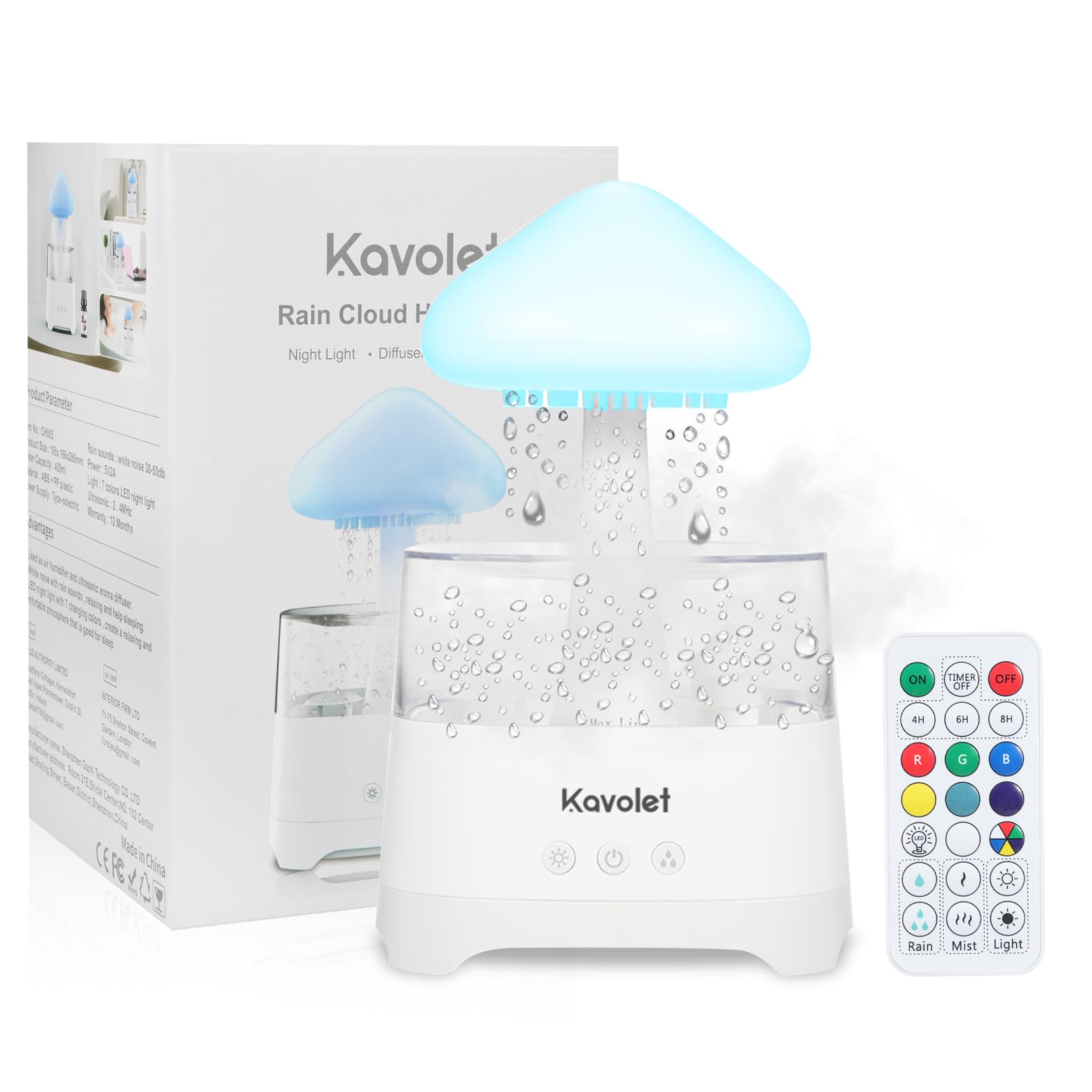 Kavolet Raining Cloud - Humidificador de aire, difusores de aceites esenciales de 450 ml, lluvia nube humidificador, difusor de aromaterapia USB con luces LED de 7 colores, para oficina en casa