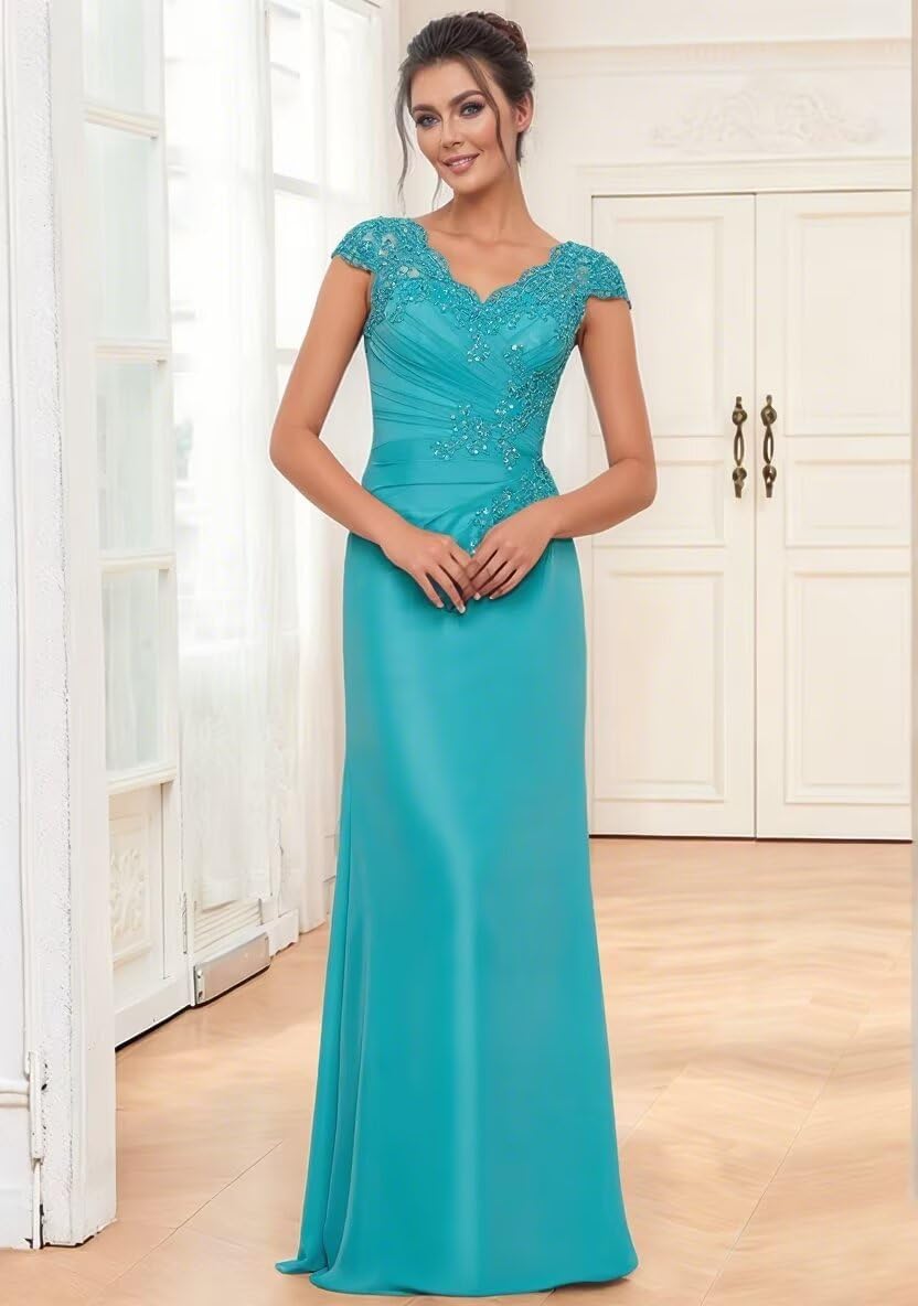 Mother of The Bride Dress Chiffon Lace Applique Mermaid Formal Wedding Guest Dress with Cap Sleeve
