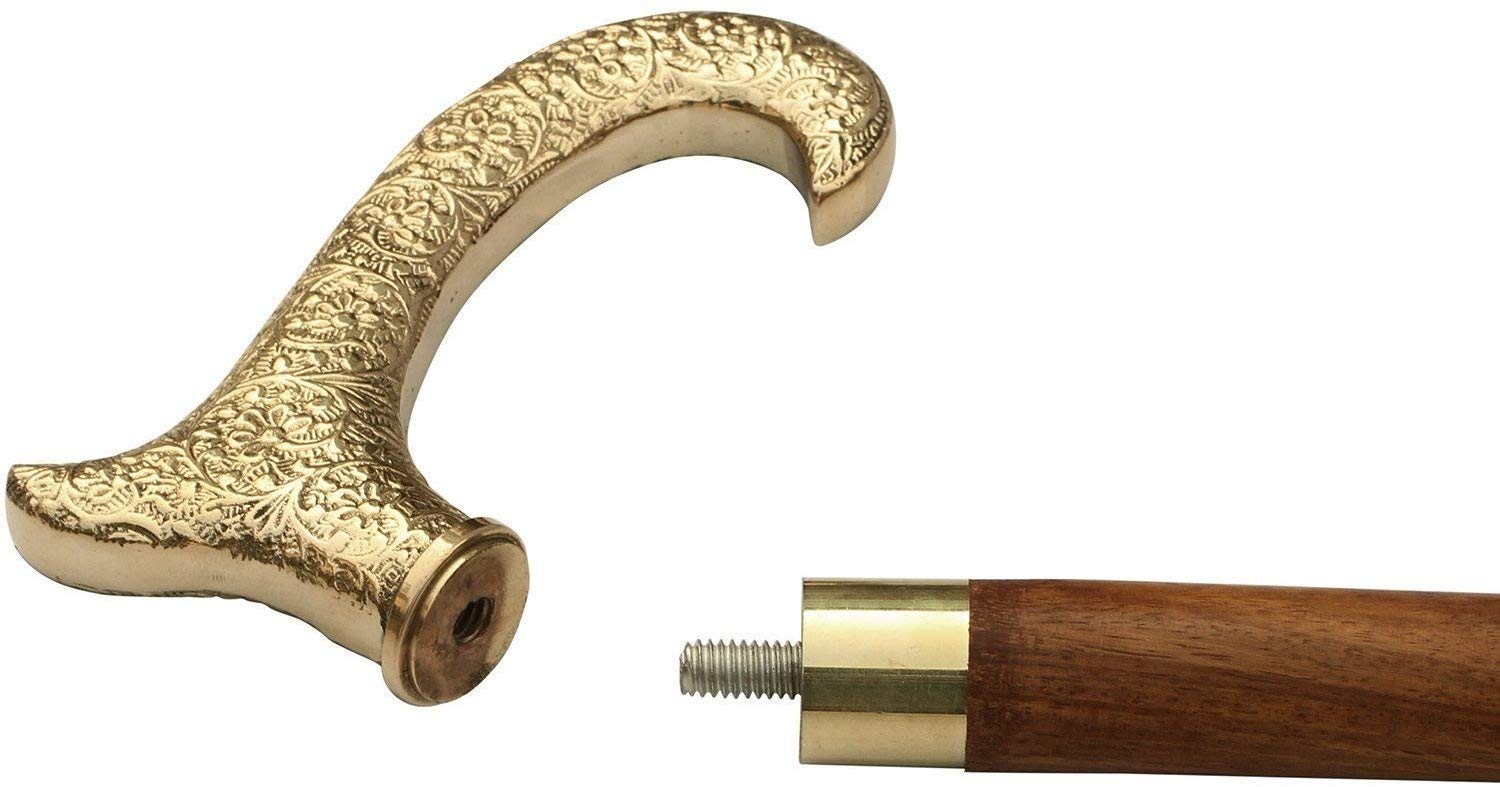 Bastone da passeggio in legno con manico dorato in stile vintage antico per uomo e donna, stile nautico, regalo e display da gentiluomo.
