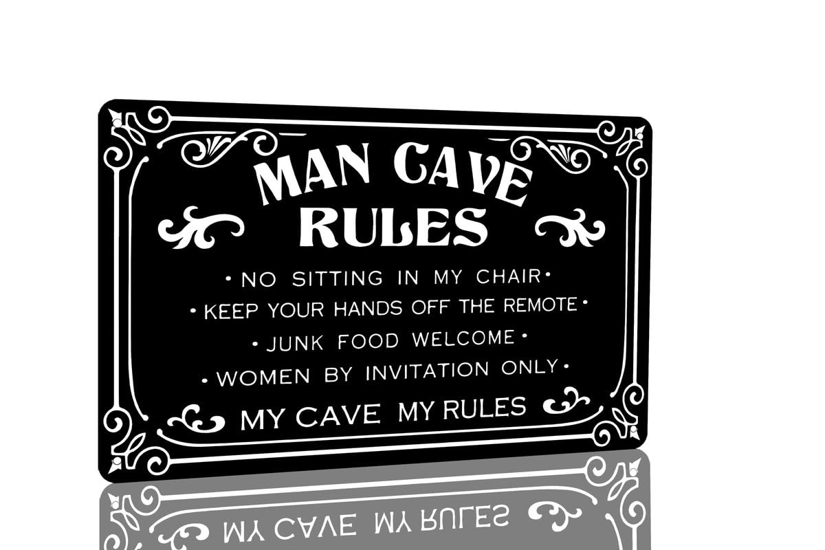 SMAZDFXX Man Cave Rules Retro Metal Sign Man Cave Wall Sign for Home Bar Game Room Garage Basement Entertainment Room Wall Art Decor 12"x16"