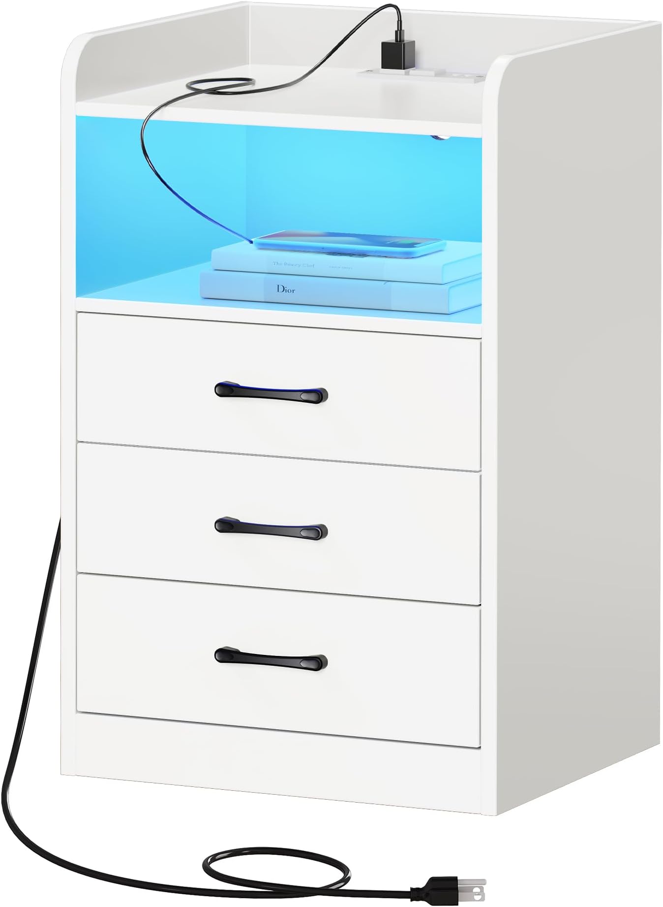 SUPERJARE Nightstand with Charging Station and LED Light Strips, Night Stand with Drawers, End Table with USB Ports and Outlets, Bedside Table for Bedroom, White