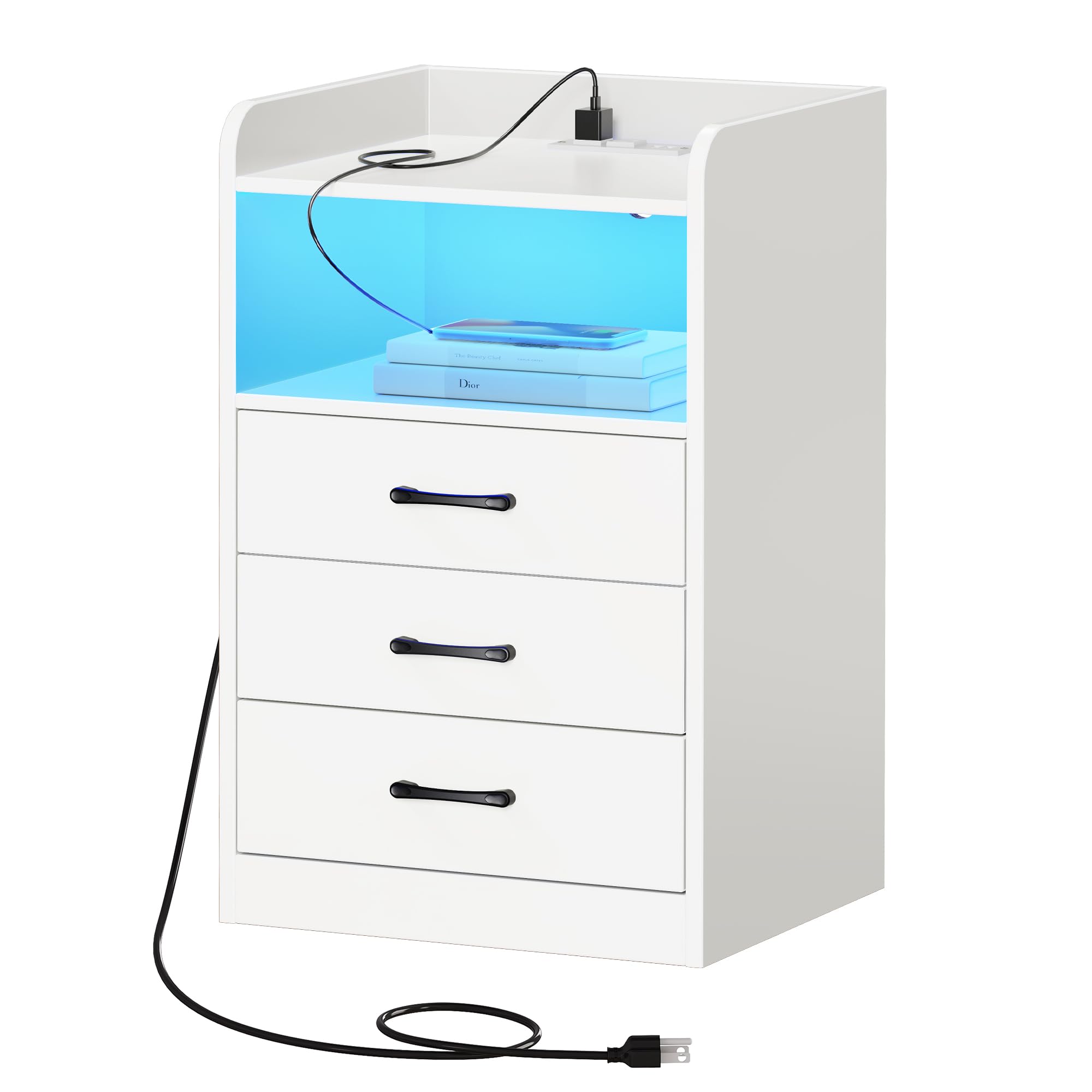 SUPERJARE Nightstand with Charging Station and LED Light Strips, Night Stand with Drawers, End Table with USB Ports and Outlets, Bedside Table for Bedroom, White