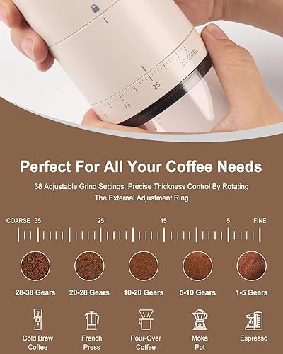 Miniatura 4 de Lamido Molinillo de café eléctrico portátil con rebabas cónicas de cerámica, 38 ajustes de molienda ajustables, batería recargable de 1500 mAh,
