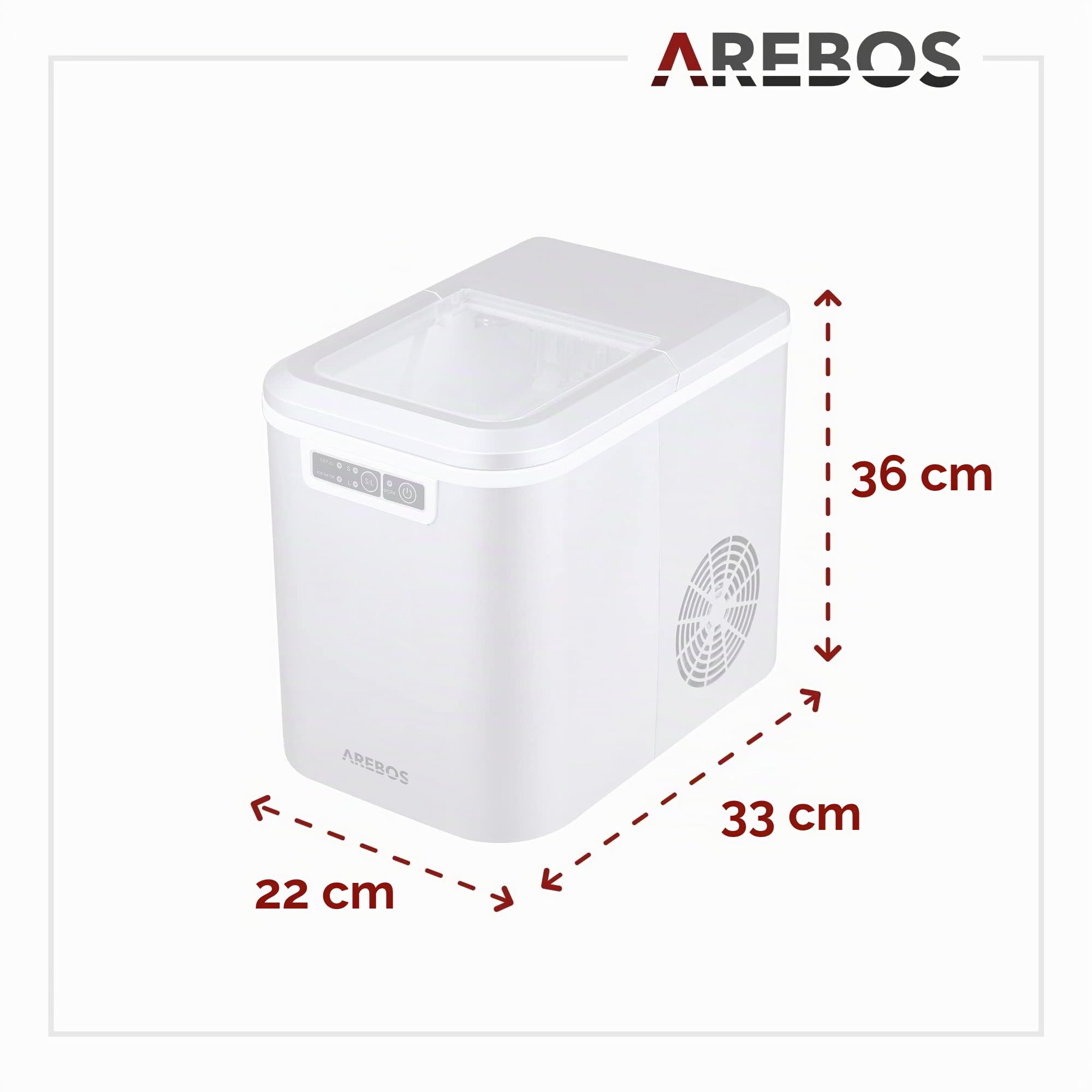 Máquina para hacer cubitos de hielo | 12 kg/24 h | 8 minutos de tiempo de producción | 2 tamaños de cubitos de hielo | 2,2 L | Arebos | silencioso | Ice Maker sin conexión de agua