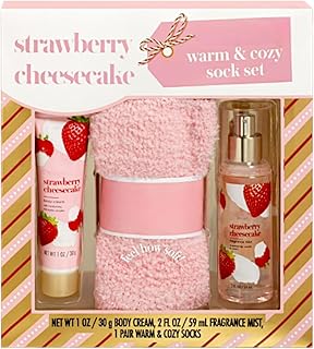 Strawberry Cheesecake Spa Gift Set with Body Cream, Fragrance Mist and Cozy Pink Socks, 3 Piece Beauty and Comfort Collection