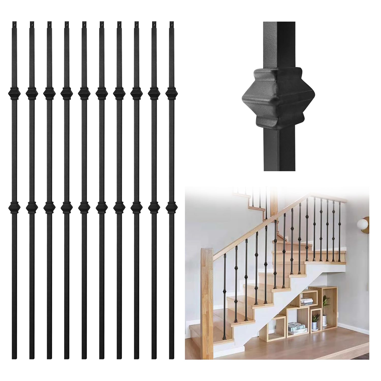 Deck Balusters 10 Pack, 1/2" x 44" Wrought Iron Balusters, Hollow Double Knuckles Staircase Balusters, Satin Black Metal Railing Suit for Stair Modifications, Outdoor Stair Deck Porch