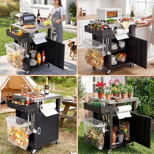 Denmay Grilltischwagen Outdoor Küchenwagen, Tragbarer Grillwagen für Onni Pizzaöfen, Grillständer für Ninja Woodfire und Weber Q Serie, Praktischer Gartenschrank