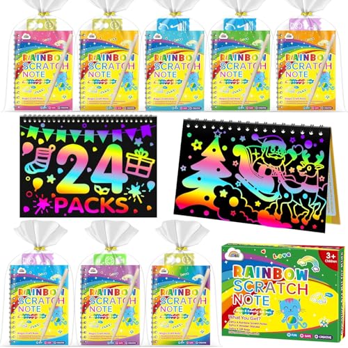 ZMLM 24 Libros Scratch Art para Niños, Regalo Creativo Dibujar de Rascar Kit con 26 Lápices de Madera, 24 Plantillas de Dibujo para Los Niños de 3-12 Años Arco Lris Fiesta Favores Christmas Birthday