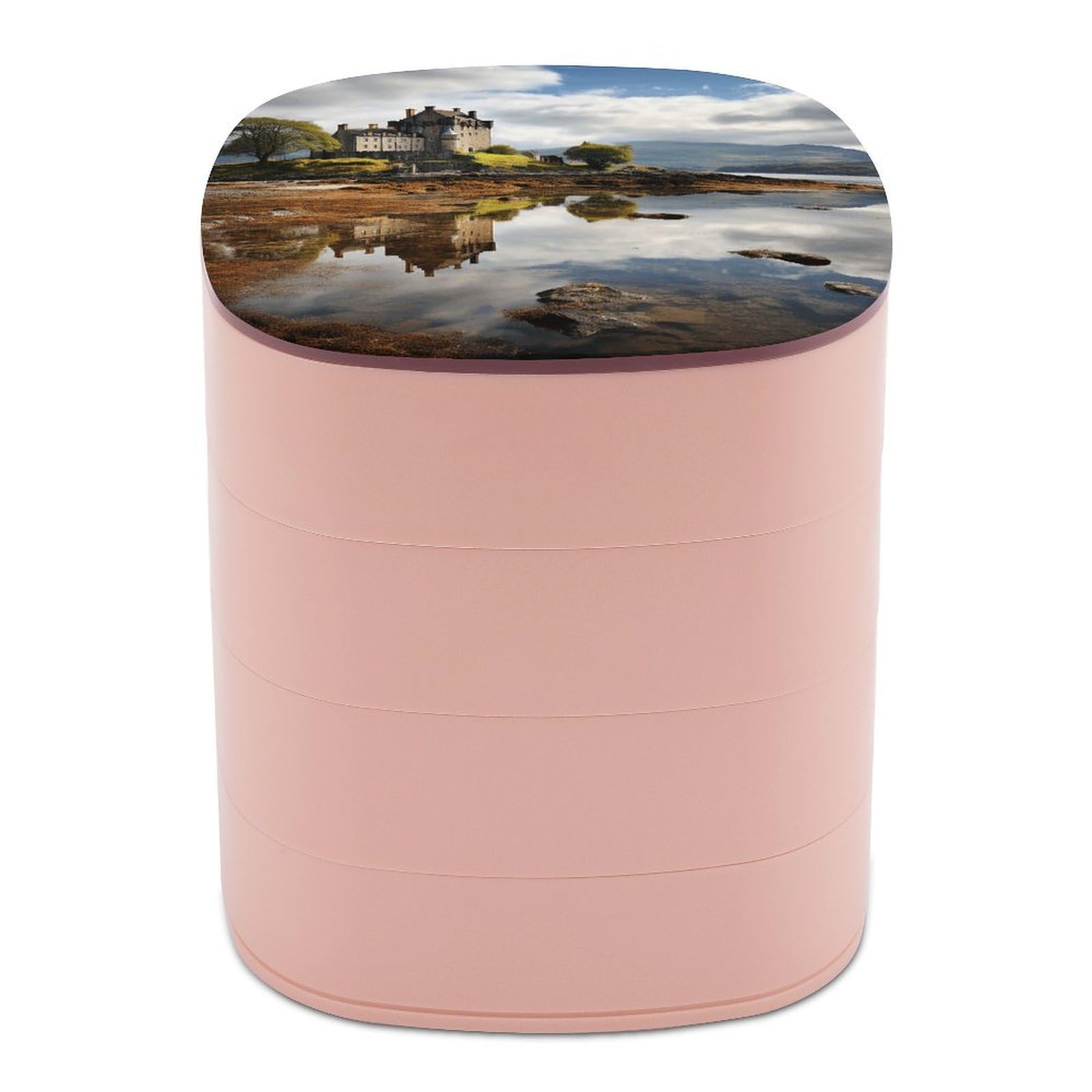 VstaDank Scotland Castle Water Lake Scottish Jewelry Organizer Small Travel Earring Storage Box with Mirror 4-Layer Rotating Travel Jewelry Tray Case with Lid Large Capacity Jewellery Holder Case