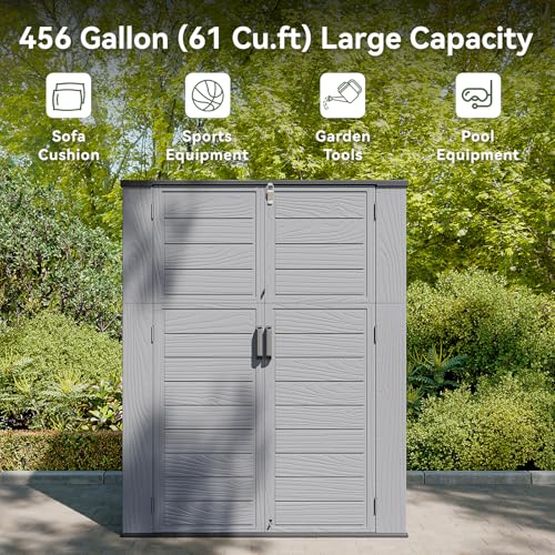 Image of AOXUN Horizontal Storage Sheds 61 Cu.ft, HDPE Outdoor Storage Box 160 Gallon, Waterproof Lockable Resin Deck Box with Spring-Assisted Lid, Patio Storage for Garden, Pool, Cushions, Tools, Grey