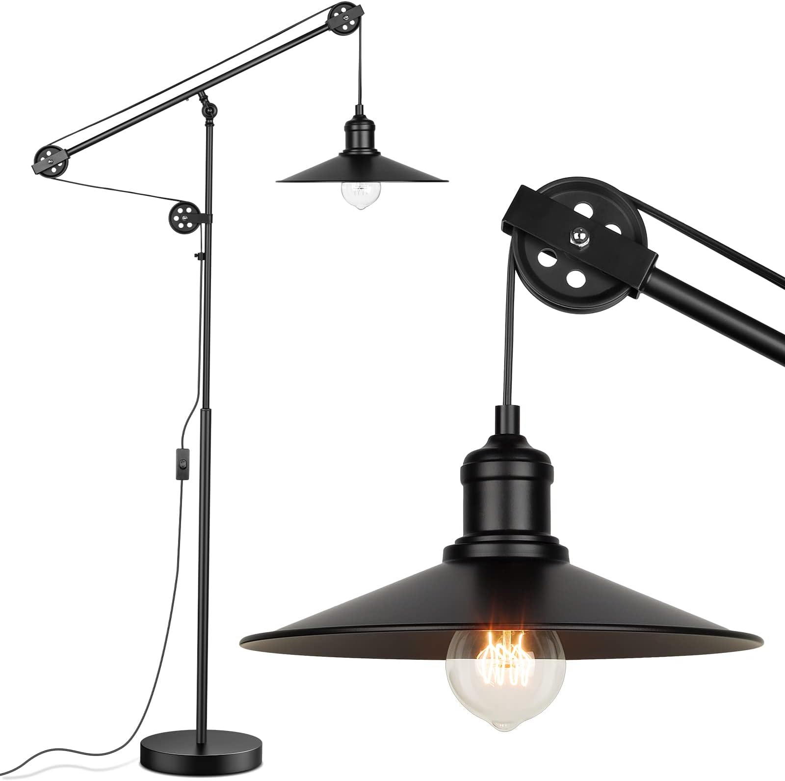 Adjustable Industrial Floor Lamps for Living Room - Rustic Reading Lamp with Pulley System, Modern Farmhouse Indoor Pole Task Lamp, Vintage Tall Standing Lamps for Bedroom Office, Blackened Bronze