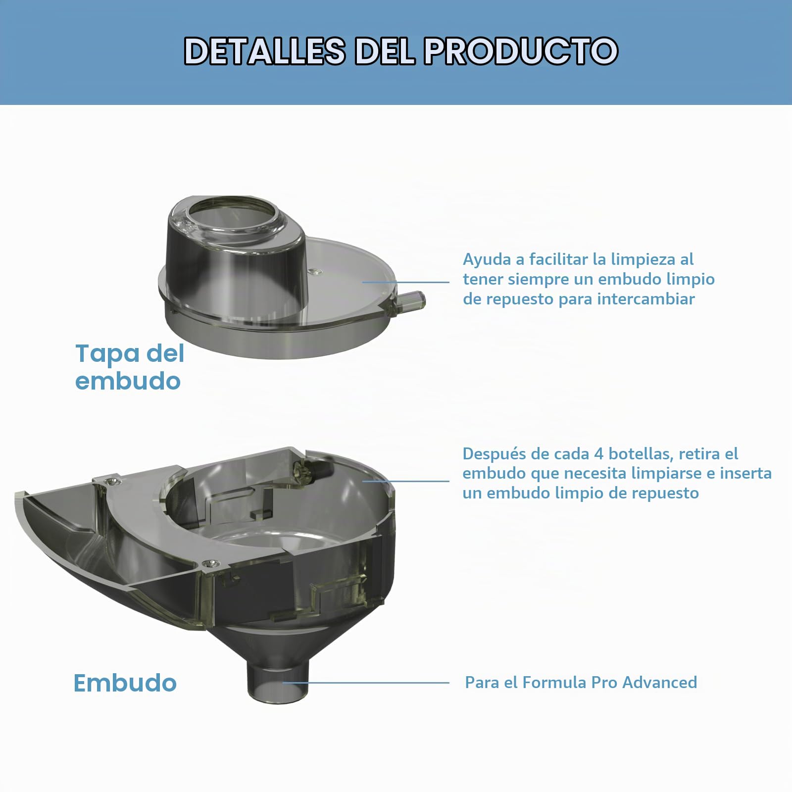 Embudo de repuesto para dispensador de fórmula para bebé compatible solo con los modelos Baby Brezza Formula Pro Advanced y Pro Advanced WiFi, embudo y cubierta de repuesto, no es compatible con