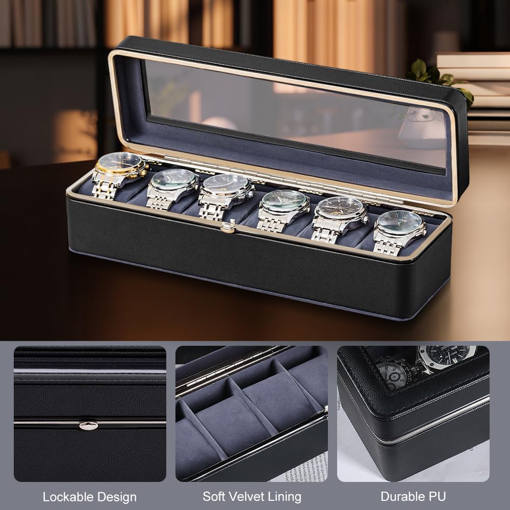 Styleys Caja de reloj de 6 ranuras en piel sintética, organizador de exhibición forrado de terciopelo con tapa de cristal, W-155B, color negro
