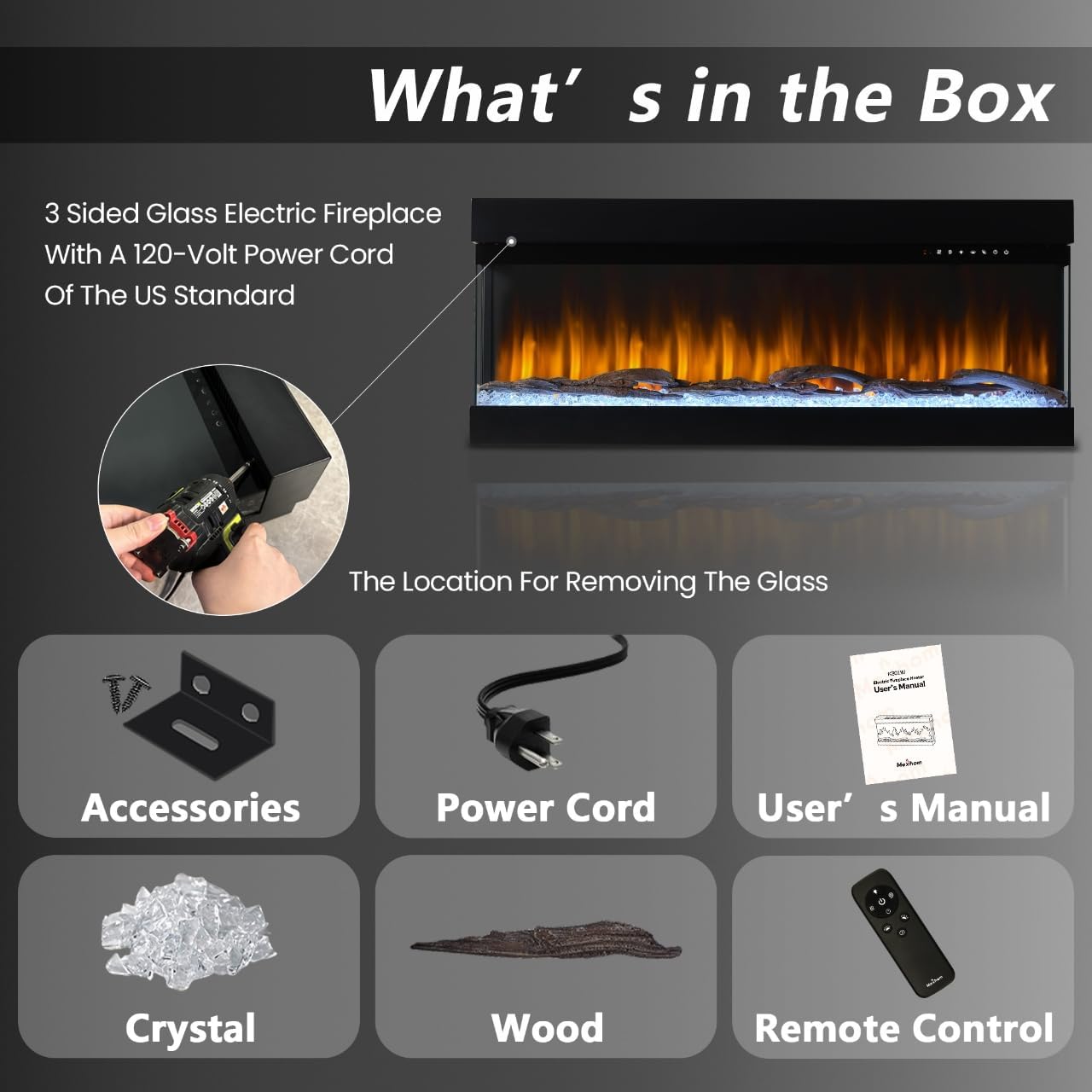 3 Sided Glass Built-in 60" Electric Fireplace - Multi-Color Flames, Heater, DIY Crystal & Log Set, Smart App & Remote Control