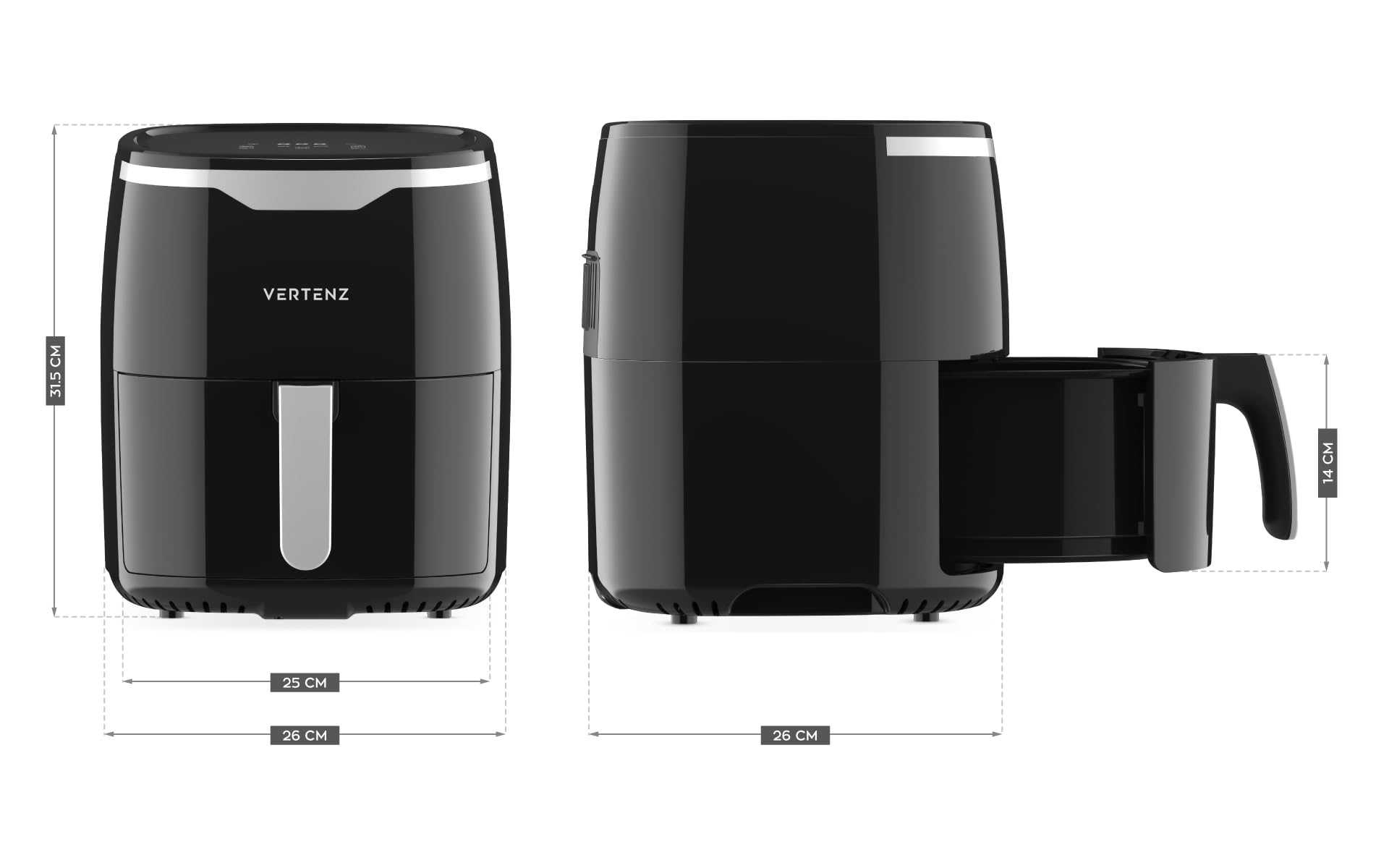 VERTENZ Taste 50 | Freidora de aire caliente compacta Airfryer XL, 5 litros de capacidad, 8 menús automáticos, 1400 W, pantalla táctil LED, cesta para freír antiincrustante, sin grasa