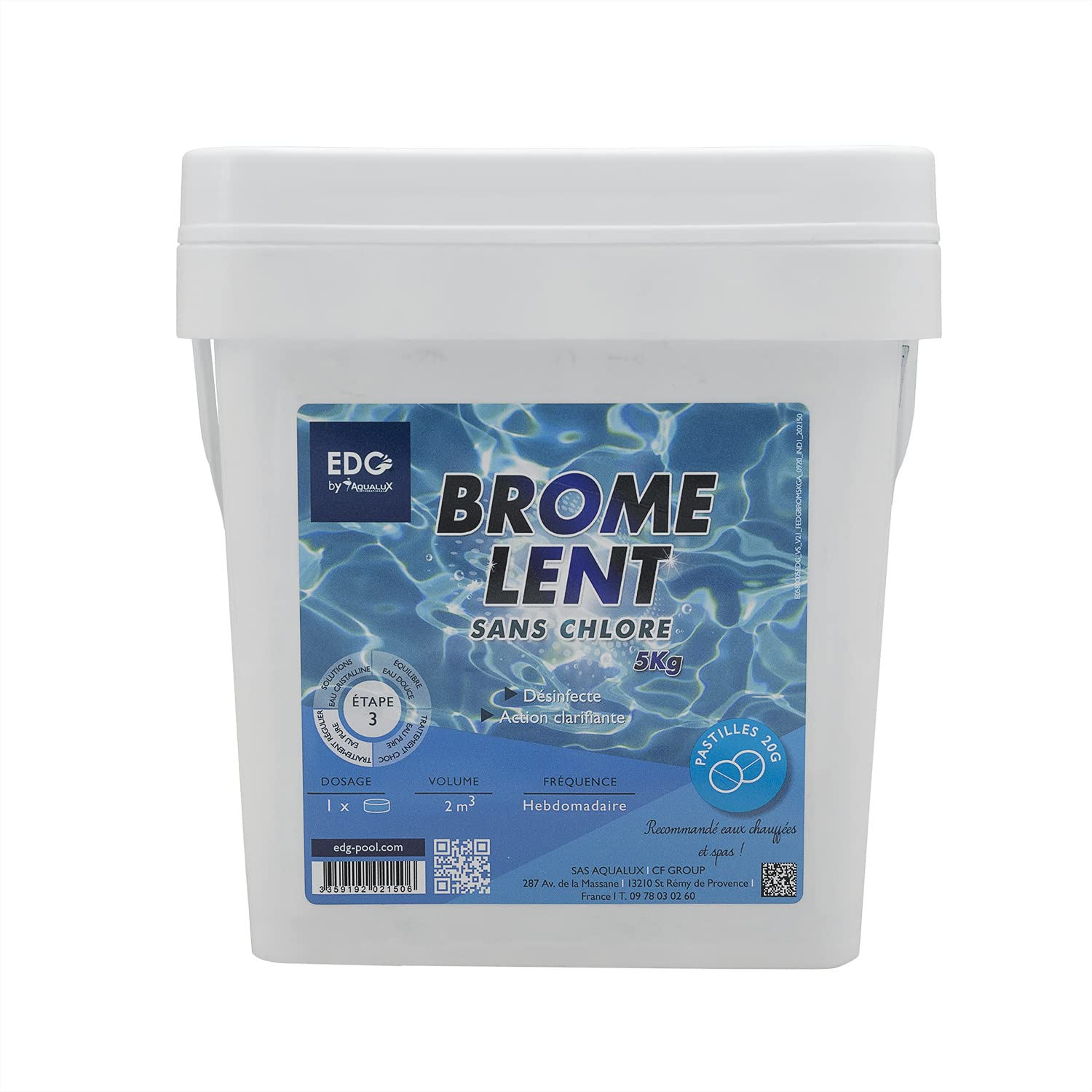 EDG by AQUALUX Brome Lent Pastilles 20g - 5kg | Brome Permanent - Désinfection Régulière - Dissolution Lente + 10 Tests HPS OFFERTS 6 en 1