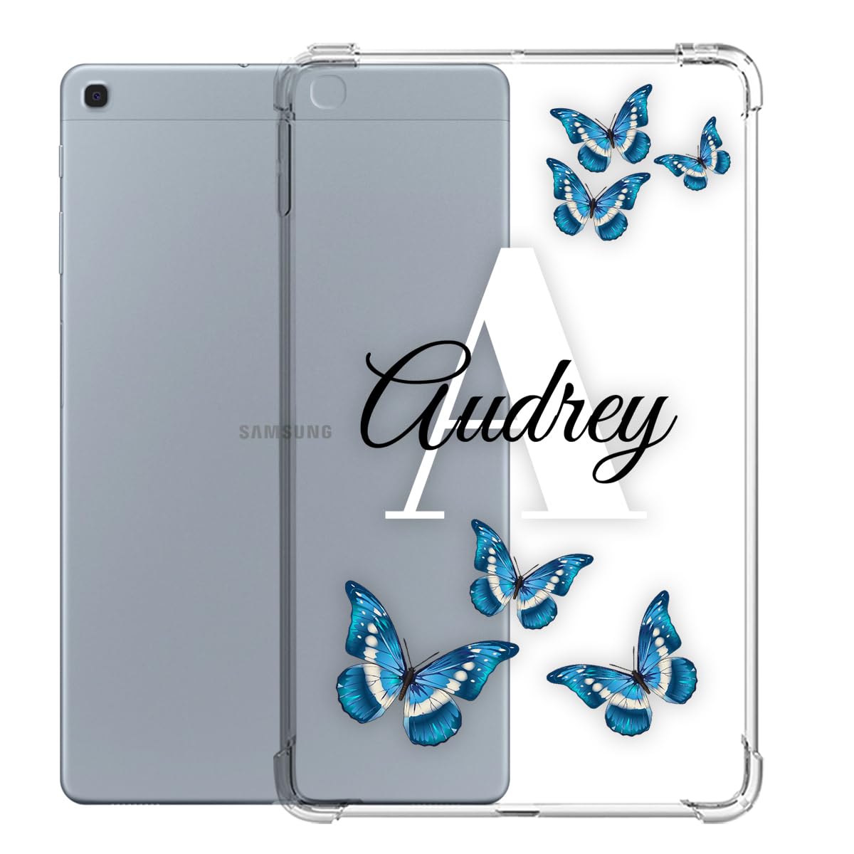 Custom Initials Case for Samsung Galaxy Tab A 10.1 inch 2019 SM-T510/T515/T517 Personalized Name Monogram Text Butterfly Clear Transparent Tablet