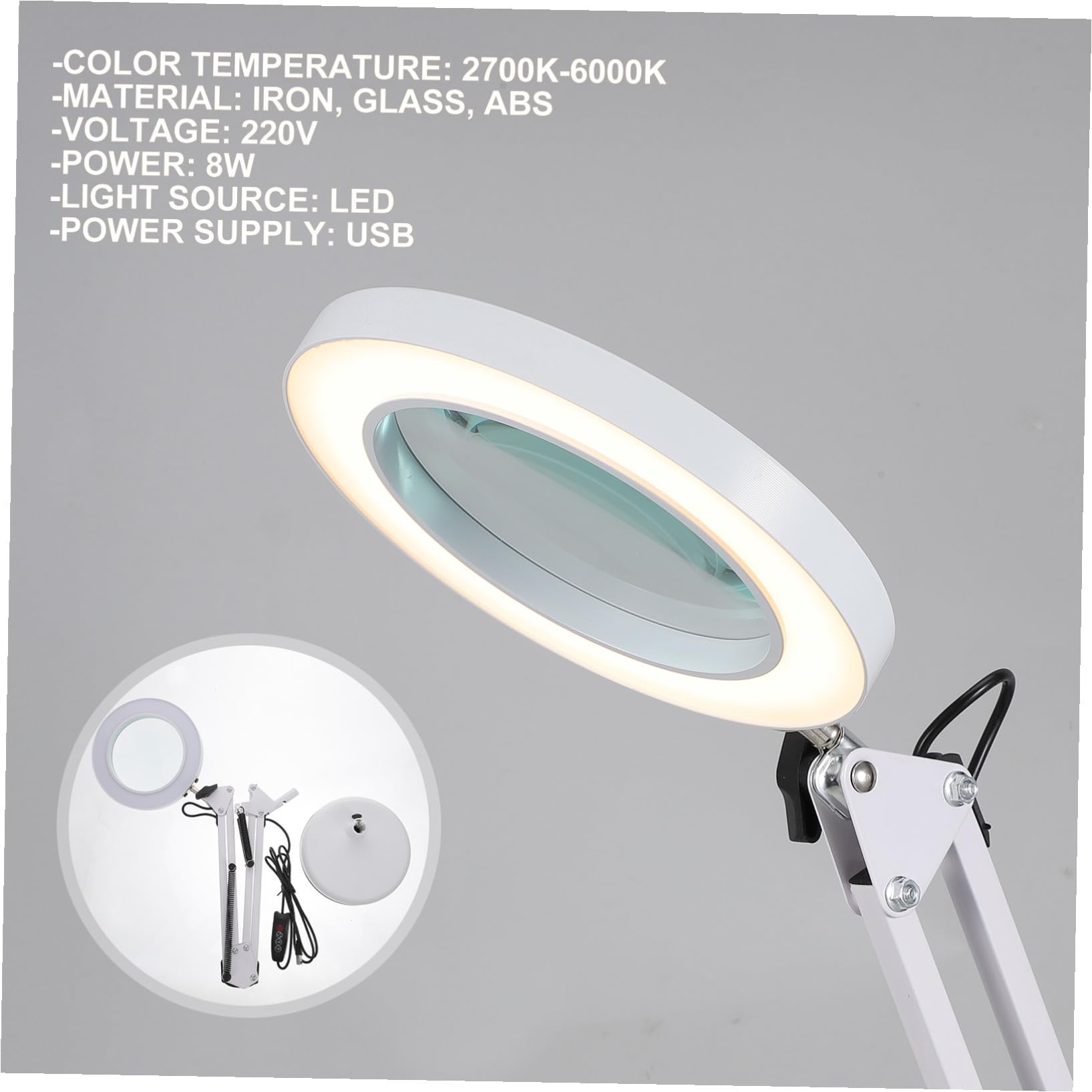Toddmomy Lampada Lente di Ingrandimento LED 5x Braccio Regolabile a Molla e Illuminazione Multiangolo per Manicure, Trucco e Ricamo Morsetto da Scrivania e Alimentazione USB