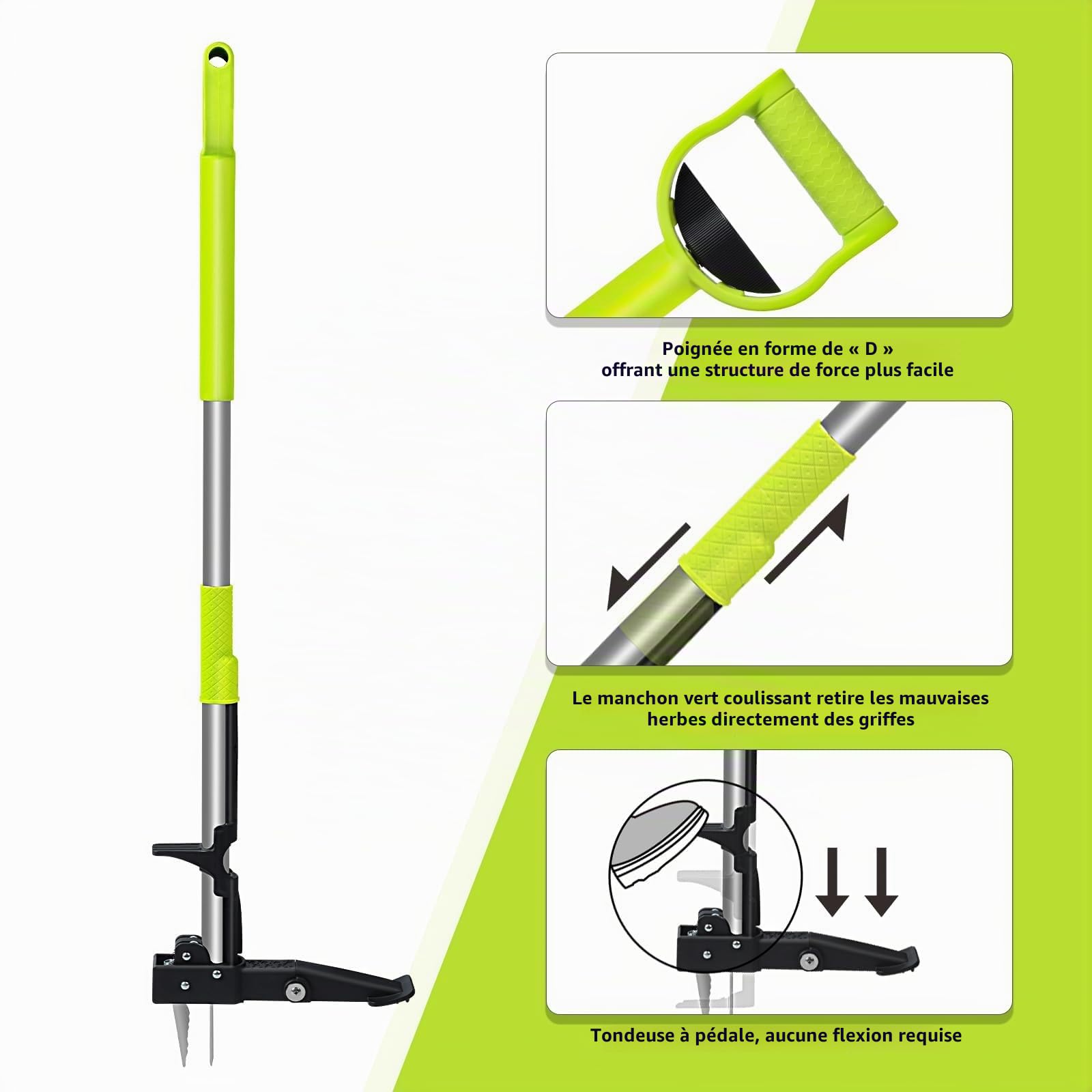 Gardtech Désherbeur Manuel Ergonomie Extracteur de Mauvaises Herbes avec pédale à 4 Griffes et Pied en Acier Inoxydable 100cm Outil Manuel pour Jardin et pelouse