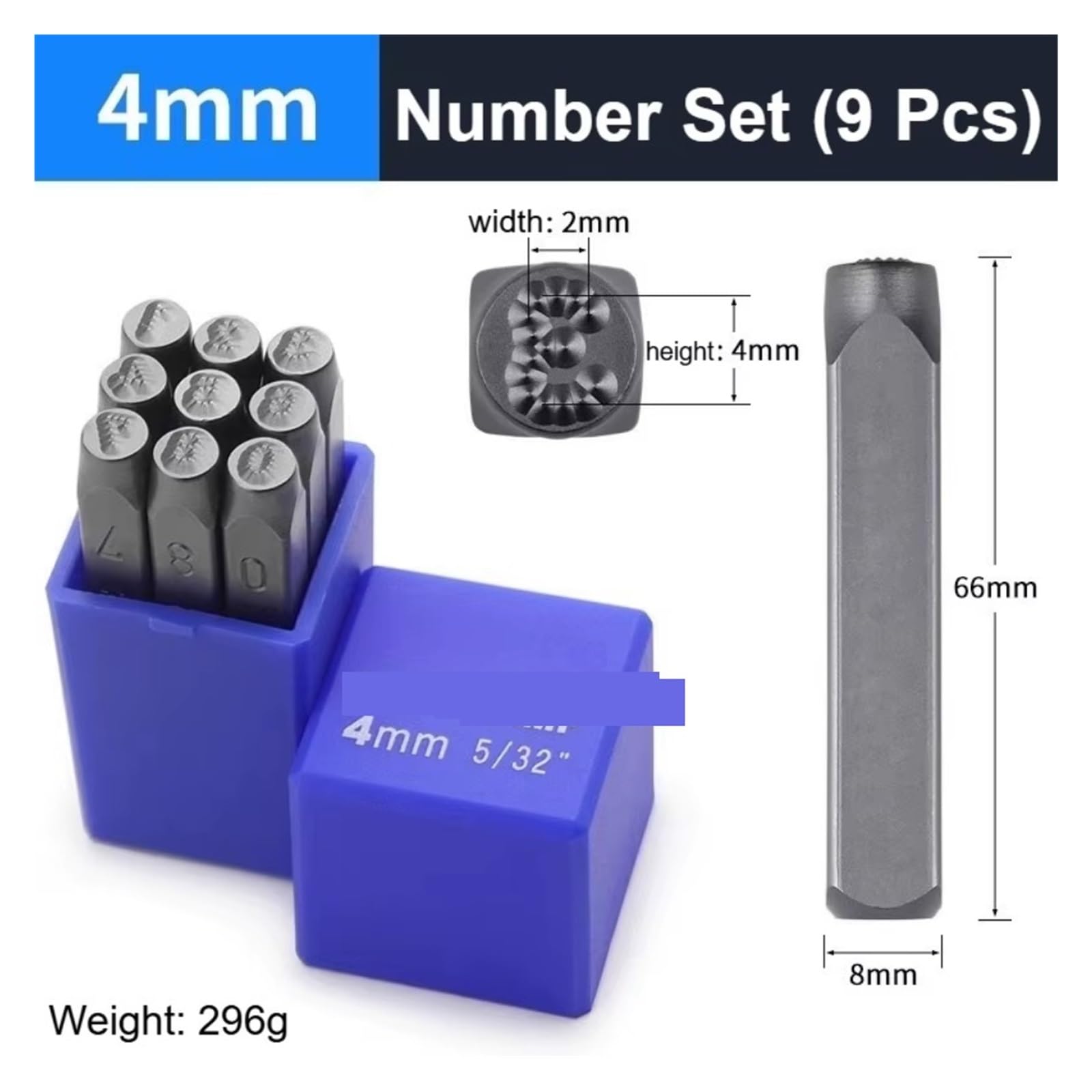 Kit de estampado Metal con troquel acero Juego de sellos 3 mm-14 mm Números y letras Aleación acero AZ 0-9 Herramienta prensa perforadora metal for Plástico Cuero más(Number-4mm)