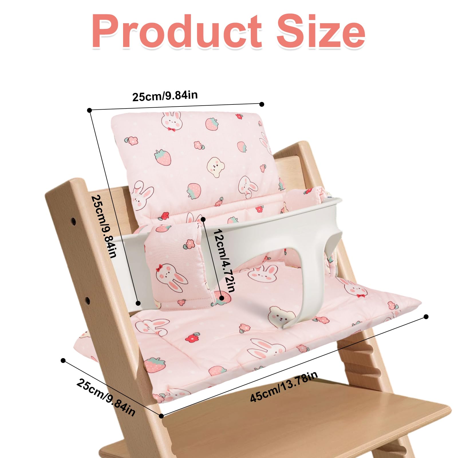 Cuscino per Seggiolone Stokke Tripp Trapp, Imbottitura Spessa in Cotone Naturale, Tessuto Impermeabile e Traspirante, Grazioso Motivo Lapino e Fragole, Confezionato Sottovuoto