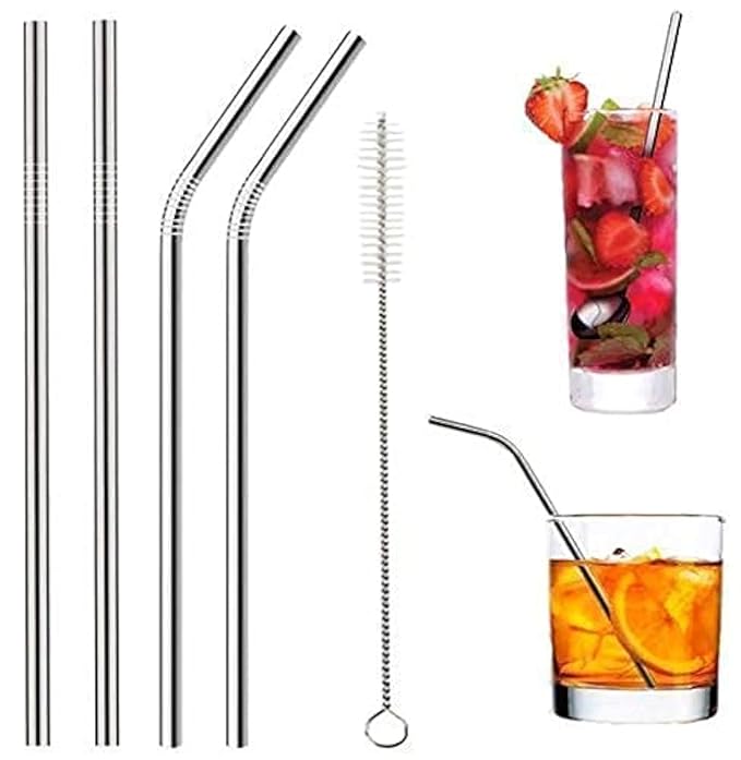 KBS Stainless Steel Straws for Drinking with Cleaning Brush For Kids and Adults Reusable Metal Straw Set Drinking Juice & Drinks Reusable Straw Pipe (2 Bent + 2 Straight +1 Brush)