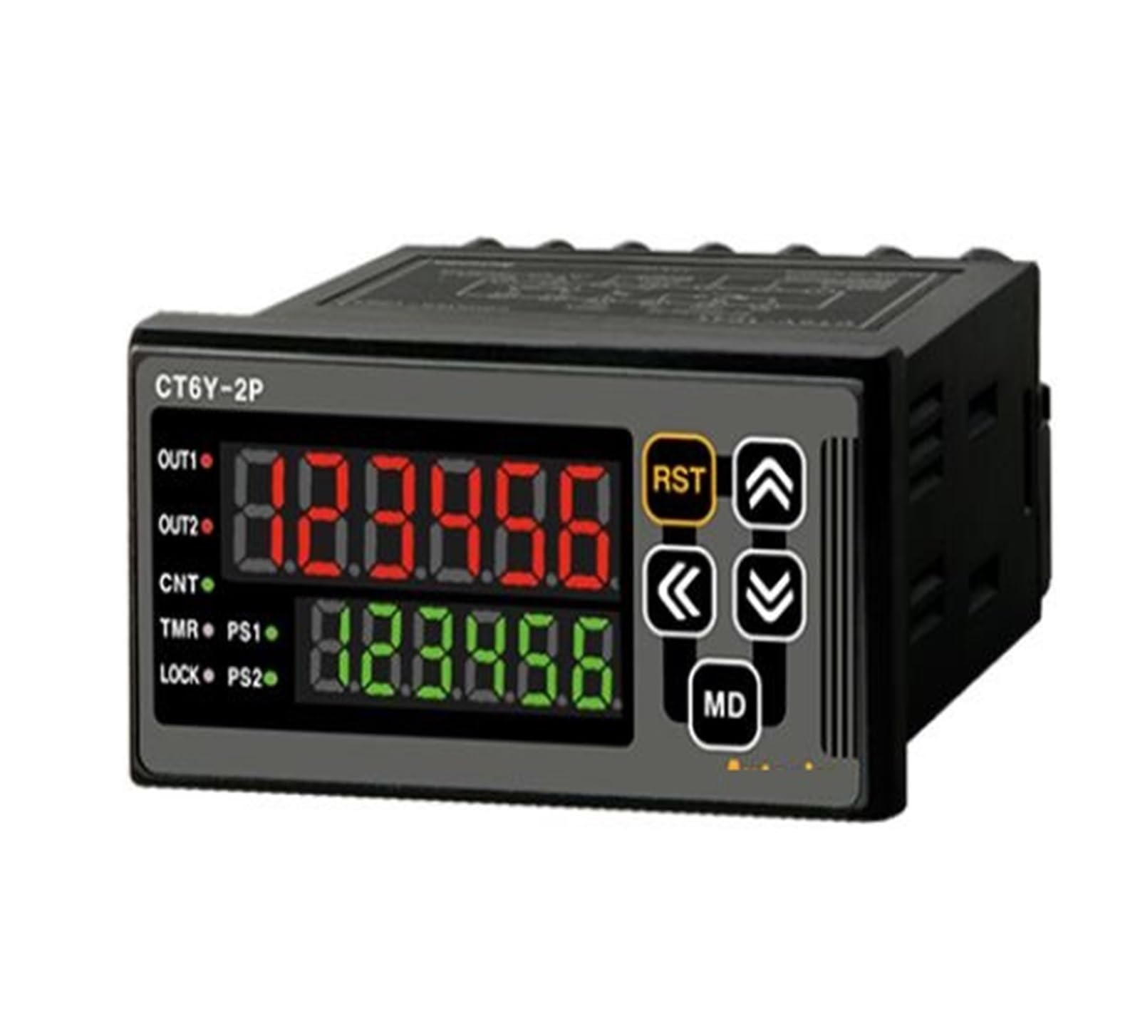 Contatore/timer CT6Y-2P4, L72xA36mm, 6 cifre, LED, 2 preimpostazioni, ingresso PNP o NPN, impostazione valore prescale, 2 relè SPDT(1c)+SPST(1a) 2(PNP Input)