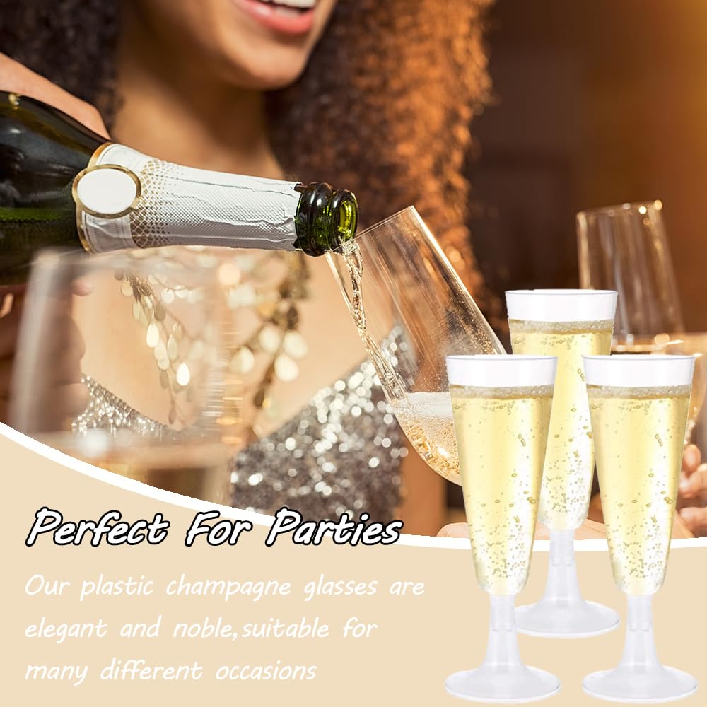 NAMIS Champagneglazen, plastic, 50 stuks, champagnefluiten, 150 ml, herbruikbaar, met wijnglas, markeerstift, siliconen, voor bruiloft, feest