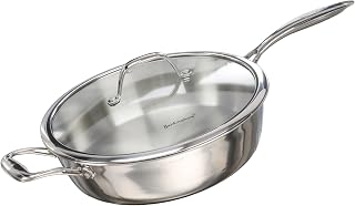 Elite Tri-Ply Full Clad Saute Pan with Glass Lid & Helping Handle 18/8 Stainless Steel Induction Skillet Pan Oven Safe 260°C 28 cm 4 litres