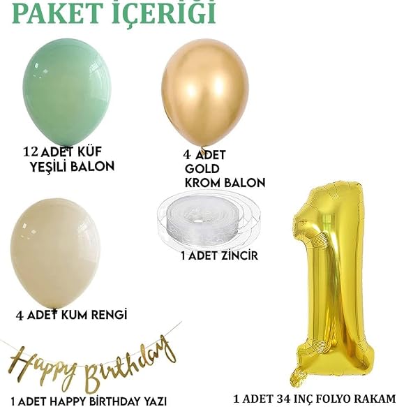 1 Yaş Küf Yeşili, Deniz Kumu ve Krom Gold Balonlu Konsept Doğum Günü Seti