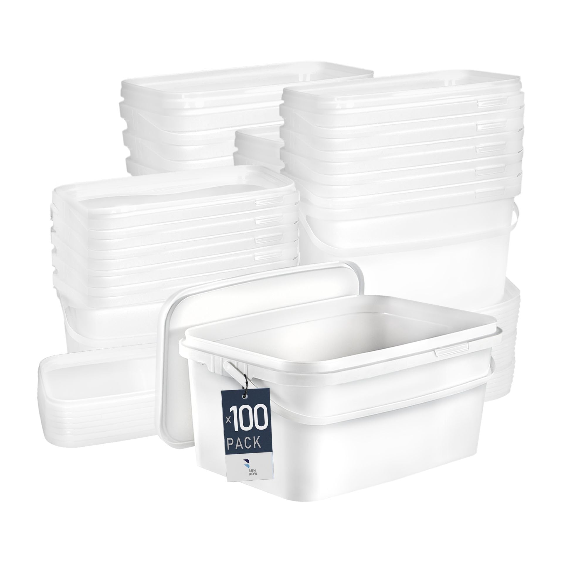 Benbow White Rectangular Bucket With Lid 1.1 Gal (100X 5L) - Food-Safe, Stackable Plastic Box With Handle - Empty