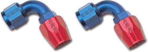 Miniatura 2 de Edelbrock Russell 610180 Aluminio anodizado rojoazul -10AN extremo de manguera de 90 grados